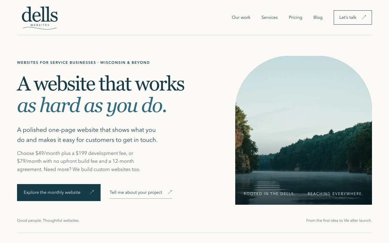 Dells Websites homepage with its cream-and-teal design and Wisconsin River photograph