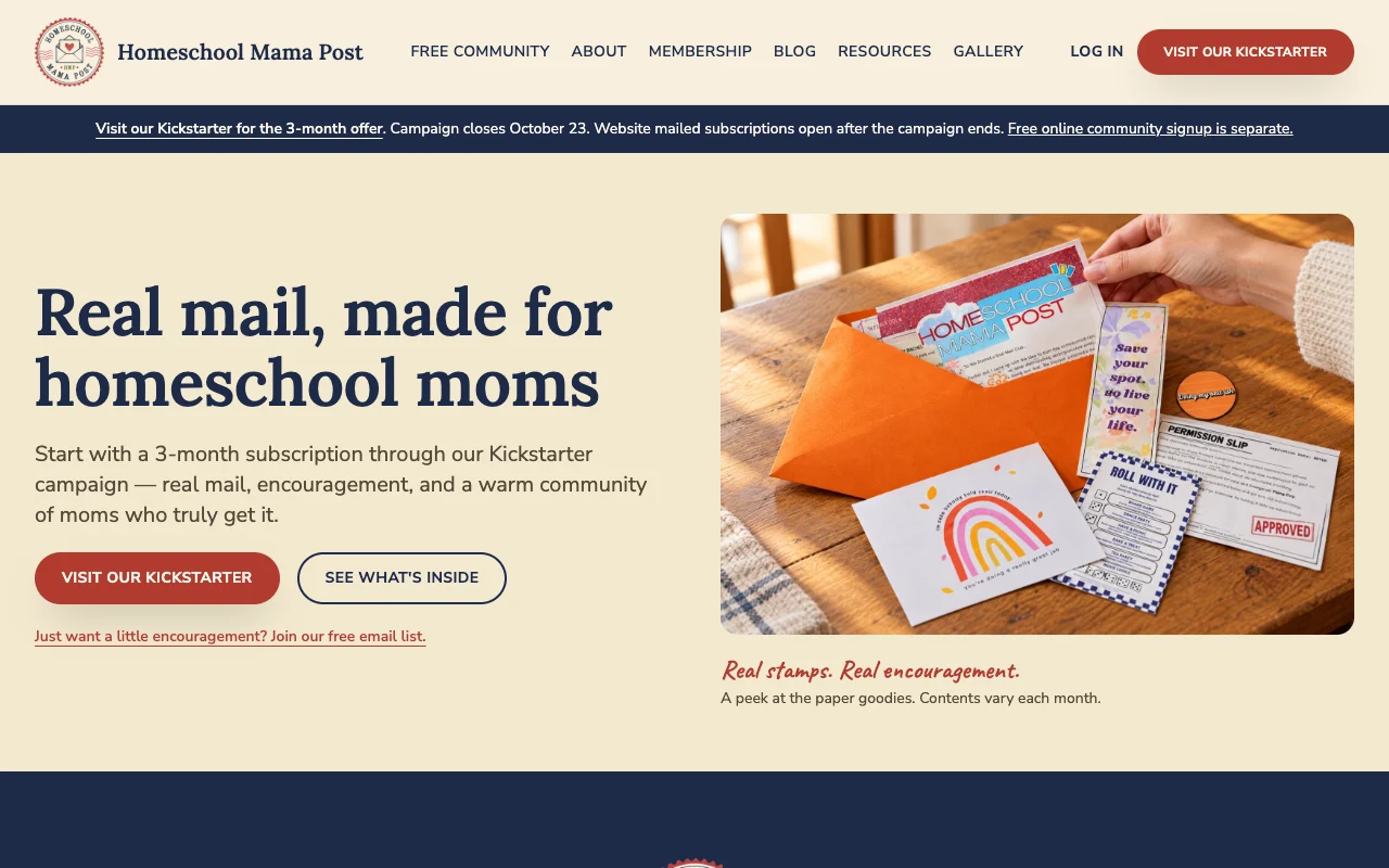 Homeschool Mama Post homepage with its orange-envelope mailing and welcoming introduction